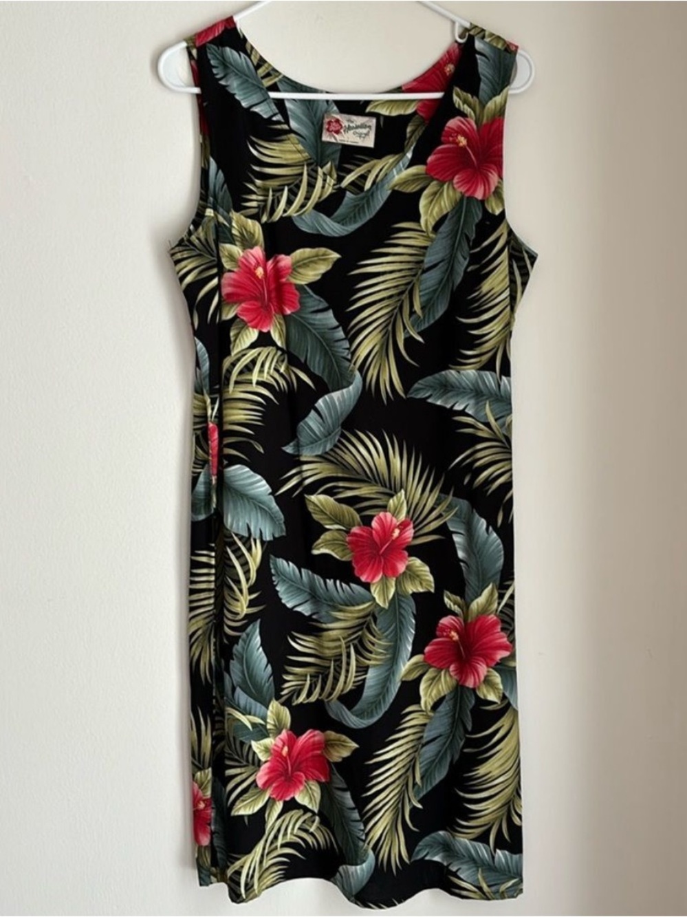 Vintage Hilo Hattie Red Hibiscus Palm and Banana Leaf Black Floral Midi Dress